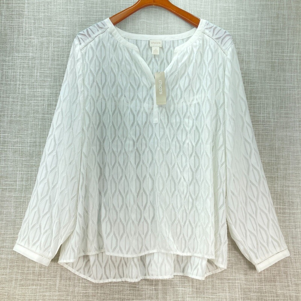 Chico's Antique White Burnout Popover Tunic Top Women's 4 XXL 20/22 V-neck